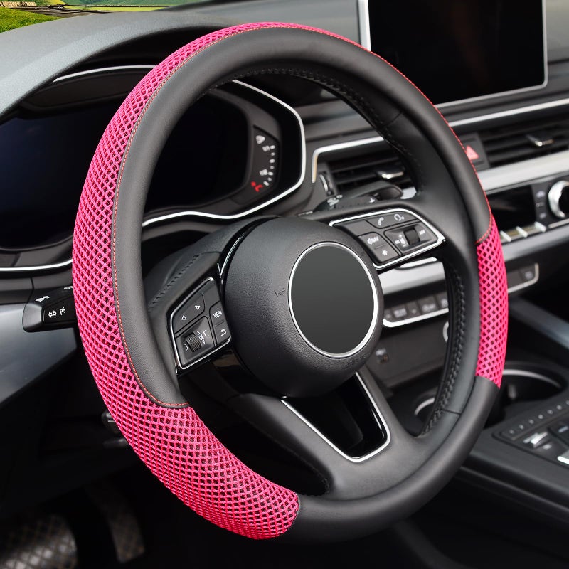 KAFEEK Steering Wheel Cover, Universal 15 inch, Microfiber Leather Viscose, Breathable, Anti-Slip,Warm in Winter and Cool in Summer, Black&Red - Image 1
